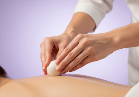 Professional massage therapist using a smooth, round white stone on a client bare back in a serene spa environment, focusing on relaxation and therapy.の素材
