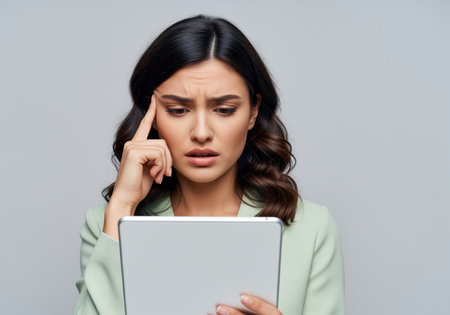 Worried young woman concentrating intensely while reading difficult information on a digital tablet, touching her temple in frustration. represents stress, confusion, and problem solving in a business context.の素材