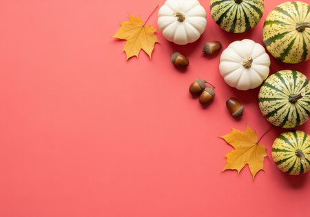 Mini white pumpkins, striped green gourds, brown acorns, and yellow maple leaves arranged in a corner border on a vibrant coral pink background. perfect for autumn and thanksgiving concepts with ample copy space.の素材