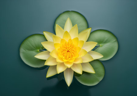 Vibrant yellow water lily floating perfectly centered on a calm, dark teal water surface, surrounded by four symmetrical green lily pads. represents tranquility and nature.の素材