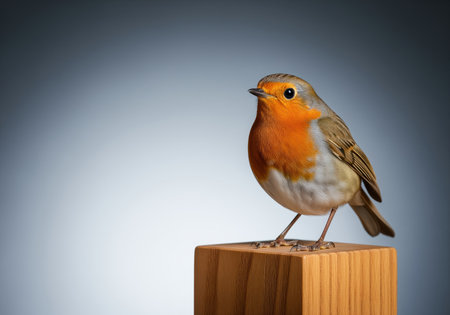 European robin bird with bright orange breast perched on a smooth, light brown wooden block. clean studio portrait against a gray gradient background, emphasizing wildlife and nature concepts.の素材