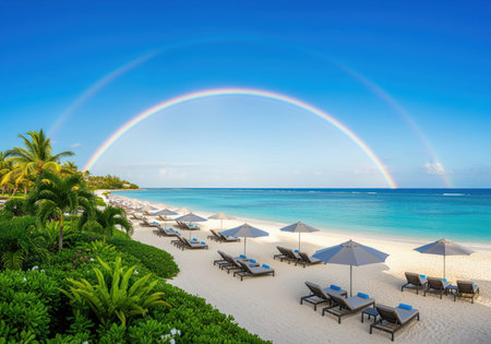 Pristine white sand beach lined with sun loungers and umbrellas facing the turquoise ocean under a bright blue sky featuring a spectacular double rainbow. tropical vacation and paradise concept.の素材