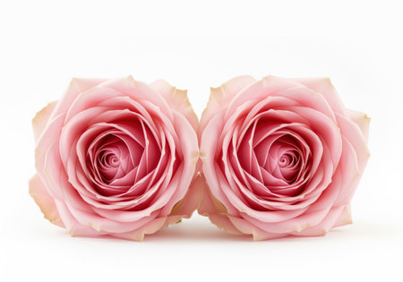 Two symmetrical blush pink rose blooms centered against a pure white background, symbolizing romance, love, and beauty. ideal for wedding, greeting card, or cosmetic themes.の素材