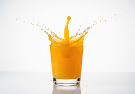 Refreshing orange juice splashing dramatically out of a clear glass. the vibrant liquid creates a crown and droplets, isolated on a clean white studio background, symbolizing freshness and vitality.の素材