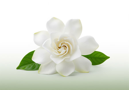 Pristine white gardenia flower centered with fresh green leaves. studio shot emphasizing purity, elegance, fragrance, and tropical beauty. ideal for spa, wedding, or cosmetic themes.の素材