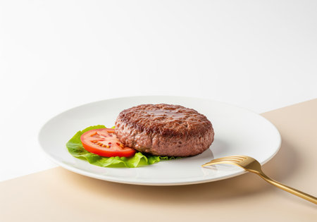 Grilled beef hamburger patty resting on a bed of fresh green lettuce and a red tomato slice on a clean white plate. studio shot emphasizing protein, dinner, and healthy eating.の素材