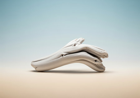 Bleached white driftwood piece, exquisitely textured and sculpted by the sea, resting on a smooth gradient background transitioning from beige to light blue. minimalist natural object study.の素材