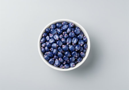 Pristine glossy indigo blue corn kernels filling a clean white ceramic bowl. overhead view on a minimalist gray background, emphasizing healthy eating, agriculture, and unique food ingredients.の素材