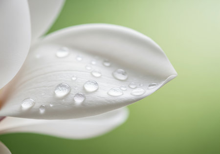 Close up macro view of a pure white magnolia flower petal featuring several crystal clear water droplets. the background is a soft, blurred green bokeh, emphasizing freshness, purity, and natural beauty.の素材