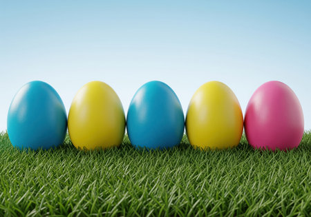 Five vibrant blue, yellow, and pink easter eggs arranged symmetrically in a line on lush green grass. clear blue sky background provides ample copy space. represents spring, holiday, celebration, and decoration.の素材