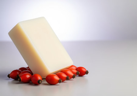Creamy white rectangular soap bar resting on a cluster of bright red rose hip berries on a reflective studio surface. focus on natural ingredients, organic skincare, beauty, and cosmetic concepts.の素材