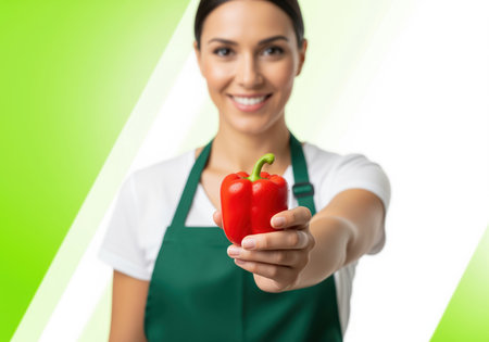 Smiling woman wearing a green apron holding a vibrant red bell pepper toward the viewer. concept of fresh produce, healthy eating, and quality service. studio shot on a bright green background.の素材