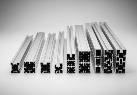 Various sized aluminum extrusion profiles, including t slots and rectangular shapes, arranged in a neat row, highlighting their complex cross sections. used in engineering, construction, and industrial framing systems.の素材