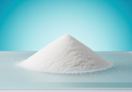 Perfectly sculpted conical mound of sparkling white granulated sugar resting on a clear surface. studio shot against a vibrant cyan blue background, symbolizing sweetness, purity, and food ingredient.の素材