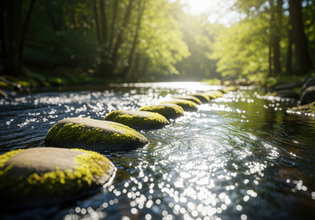 Stepping stones covered in vibrant green moss crossing a shallow, clear forest stream. the water sparkles brightly under the sun filtering through the lush woodland canopy, creating a tranquil and natural scene.の素材