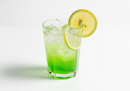Refreshing sparkling green soda served in a tall glass filled with ice cubes and garnished with a bright yellow lemon slice. effervescent beverage perfect for summer refreshment.の素材