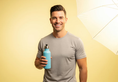 Fit man in a grey t shirt smiling confidently while holding a reusable blue water bottle, promoting hydration and healthy lifestyle in a bright studio setting.の素材
