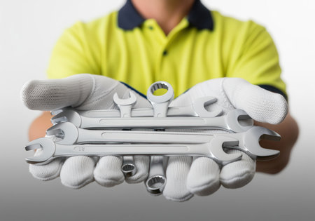 Worker wearing a high visibility yellow shirt and white protective gloves holding a neatly arranged set of gleaming silver combination wrenches. essential tools for maintenance and repair service.の素材