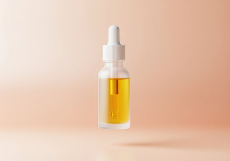 Frosted glass dropper bottle filled with bright golden yellow cosmetic oil serum floating against a soft peach background. concept of luxury skincare, beauty, and wellness.の素材