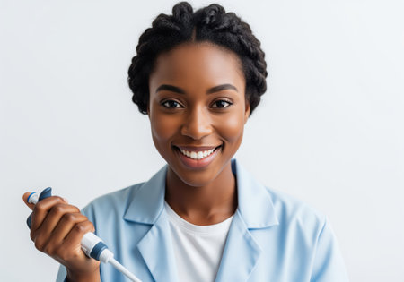 Smiling black female scientist wearing a blue lab coat, holding a laboratory pipette, representing research, medicine, and professional healthcare.の素材