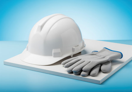White protective hard hat and gray safety gloves resting on a clean white board. essential personal protective equipment for construction, engineering, and industrial work, set against a bright blue background.の素材