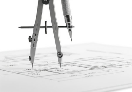 Precision silver drafting compass with a mechanical pencil attachment resting on a detailed architectural blueprint drawing, symbolizing engineering, design, and planning.の素材