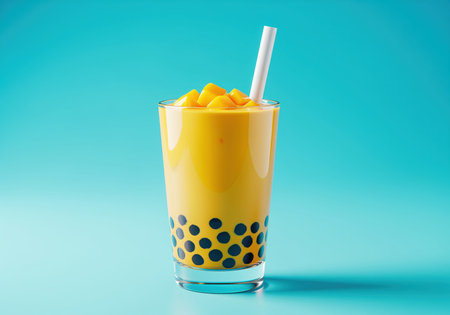 Bright yellow mango bubble tea boba served in a clear glass with dark tapioca pearls at the bottom, topped with fresh mango pieces and a straw. studio shot on a vibrant cyan surface.の素材