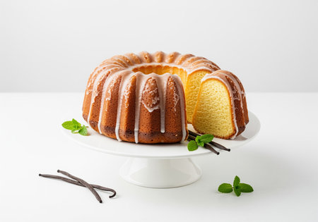 Vanilla bundt cake covered in white sugar glaze, featuring a removed slice, presented on a white cake stand. garnished with fresh mint and vanilla bean pods, symbolizing dessert and celebration.の素材