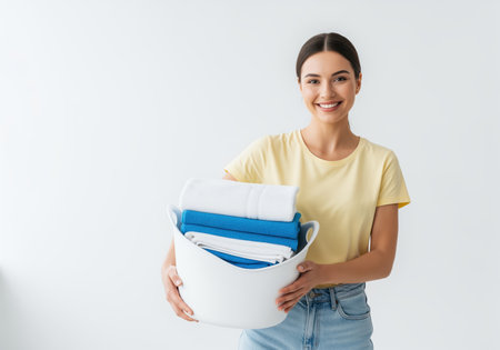 Smiling woman holding a white basket filled with freshly washed, neatly folded blue and white towels. concept of domestic chores, housekeeping, and cleanliness.の素材