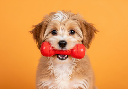 Fluffy light brown and white puppy holding a bright red bone chew toy in its mouth, looking directly at the camera. playful pet portrait symbolizing companionship and fun.の素材