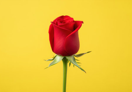 Vibrant red rosebud with tightly furled petals and a pristine green stem, perfectly centered against a vivid yellow studio background. symbolizes love and romance.の素材