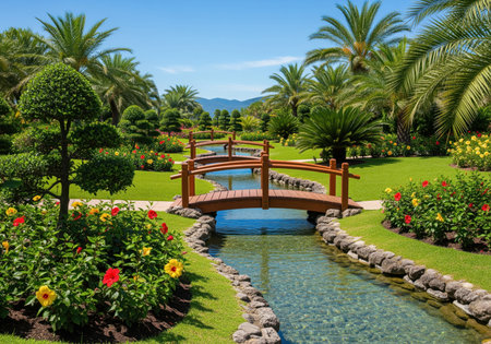 Lush tropical garden featuring a winding stream crossed by two small wooden bridges. surrounded by manicured green lawns, vibrant hibiscus flowers, and tall palm trees under a bright blue sky, symbolizing tranquility and vacation.の素材