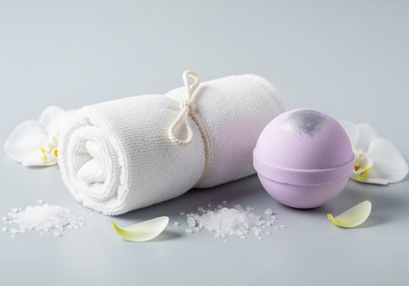 Rolled white towel tied with twine, lavender bath bomb, coarse sea salt, and delicate white orchid flowers on a gray background, symbolizing relaxation and self care.の素材
