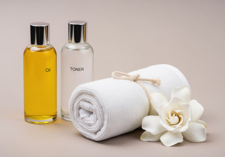 Skincare oil and toner products in clear bottles displayed alongside a soft white rolled towel tied with twine and a delicate white gardenia flower. represents luxury, spa, wellness, and self care.の素材