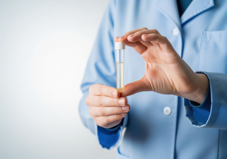 Hands of a medical professional in a blue lab coat holding a clear sample tube containing a yellow liquid, symbolizing laboratory analysis and diagnosis.の素材