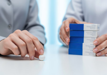 Close up of two women hands on a white table. one hand handles a small white pill, while the other holds a stack of blue and white medical boxes. represents dosage, pharmaceutical research, and healthcare precision.の素材