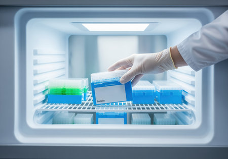 Gloved hand placing a blue box containing biological samples into a brightly lit, ultra low temperature laboratory freezer for preservation and storage.の素材