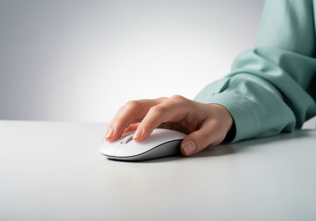 Female hand clicking a modern white wireless computer mouse on a bright desk surface. concept of digital work, technology, connection, and online browsing.の素材