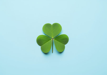 Fresh green three leaf clover shamrock isolated and centered on a bright, light blue background, symbolizing luck, nature, and st patricks day holiday.の素材
