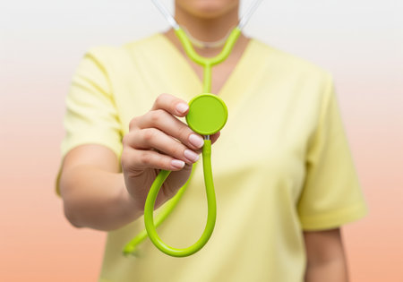 Medical professional wearing light yellow scrubs holding a vibrant green stethoscope extended forward, symbolizing healthcare, diagnosis, and professional medical service.の素材