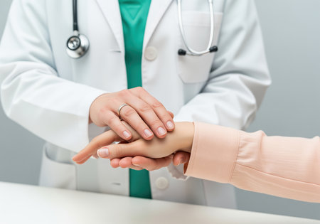 Doctor in white coat and stethoscope gently holds the patient hand, symbolizing empathy, trust, support, and professional medical care during consultation.の素材