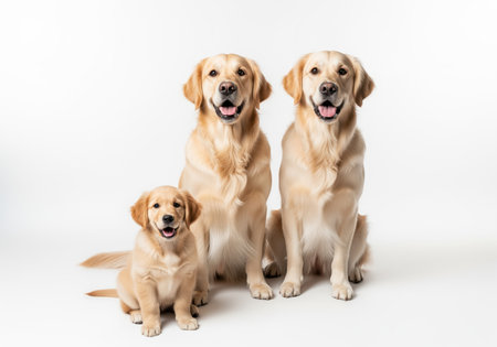 Three golden retriever dogs, two adults and a puppy, sitting side by side in a clean studio setting against a bright white background. family, pet, and breeding concept.の素材
