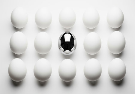 Fourteen smooth white eggs arranged symmetrically around a single, highly reflective metallic silver egg, symbolizing uniqueness, individuality, and standing out from the crowd.の素材