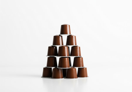 Brown espresso coffee capsules stacked neatly in a pyramid shape on a reflective white surface. clean, minimalist studio product photography emphasizing uniformity and convenience.の素材