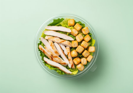 Grilled chicken caesar salad featuring fresh lettuce and crispy croutons, packaged in a clear plastic bowl for convenient takeaway or delivery. healthy lunch option.の素材
