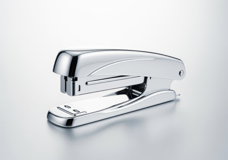 Polished chrome stapler, a classic office supply tool, presented in a high key studio setting with a reflective gray surface. essential for business, organization, and paperwork.の素材