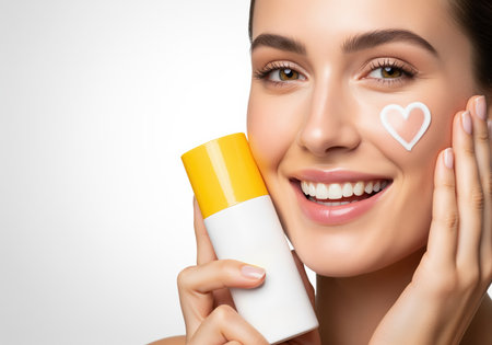 Beautiful woman smiling, holding a white and yellow bottle of sun protection cream. a perfect white heart shape of SPF lotion is visible on her cheek, emphasizing skincare and sun safety. studio shot on white background.の素材