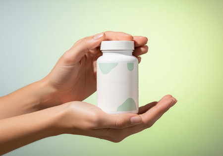 Female hands presenting a blank white plastic supplement bottle with a cap, ideal for mockup or product display. concepts, health, wellness, medicine, nutrition.の素材