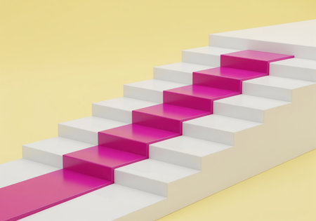 White staircase with a vibrant pink path ascending diagonally against a yellow background. represents concepts like progress, growth, opportunity, and achievement.の素材