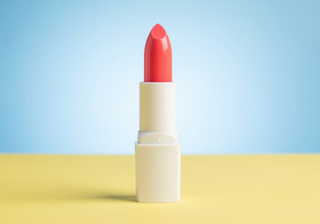 Coral pink lipstick in a white case standing on a bright yellow surface against a light blue background. clean studio shot emphasizing beauty, makeup, and vibrant color.の素材